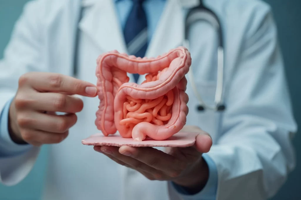 Profesional de salud mostrando modelo anatómico para ilustrar el cáncer colorrectal