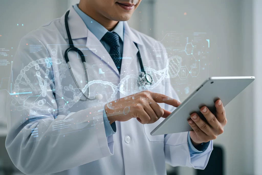 Tecnólogo médico planificando tratamiento con inteligencia artificial en radioterapia en Clínica ROS