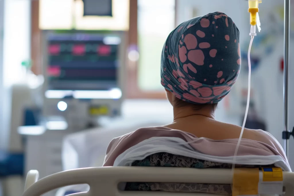 Mujer con cáncer en tratamiento, recostada y mirando por la ventana en clínica oncológica de Concepción, donde se realizan procedimientos como braquiterapia y radiocirugía.
