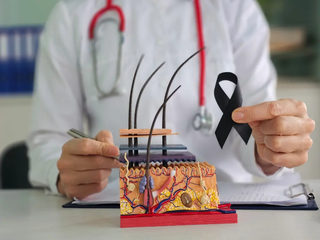 Profesional de la salud explicando estructura de la piel y prevención del cáncer de piel mediante educación médica