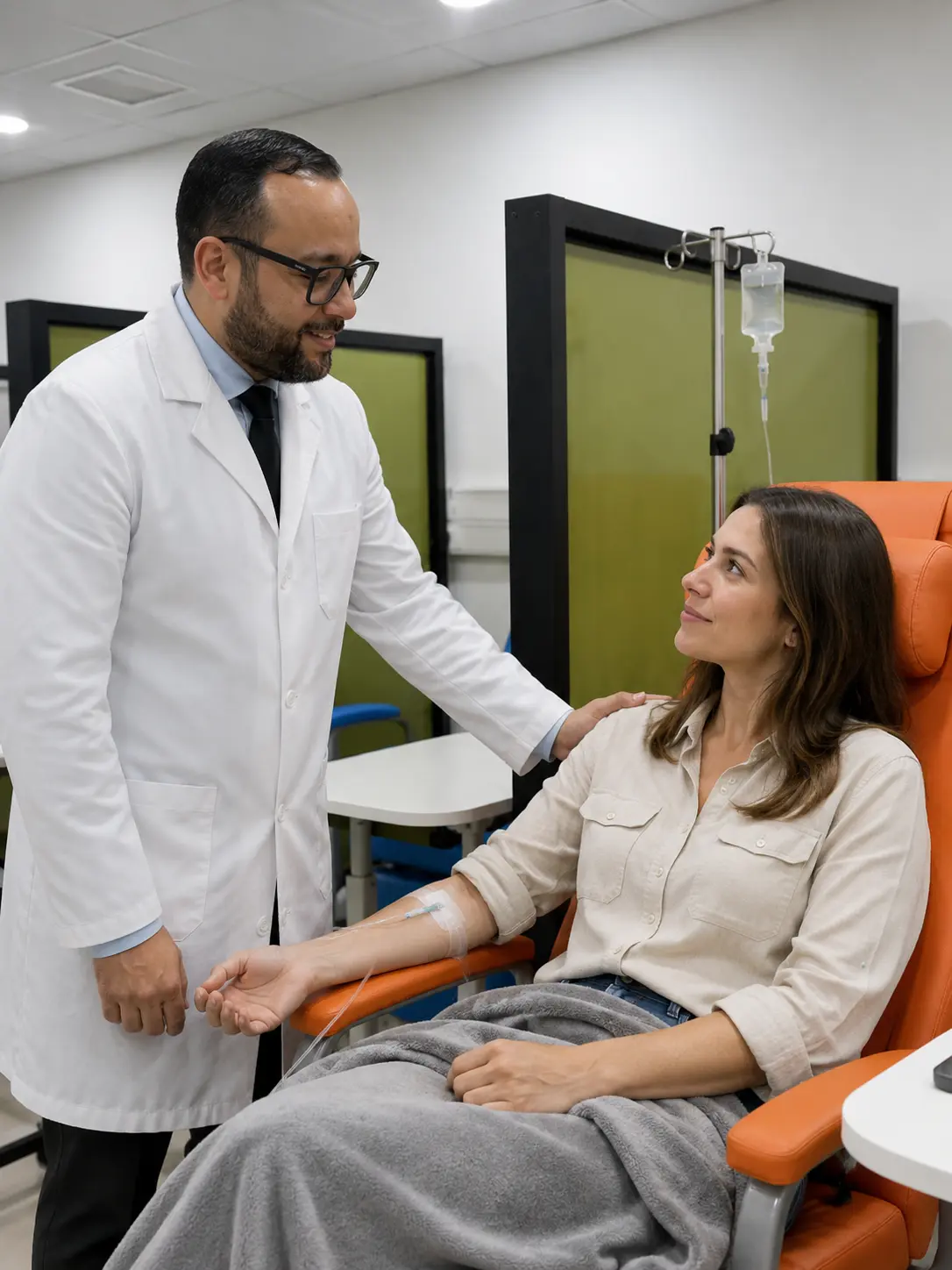 El Dr. José Barbosa, oncólogo médico de ROS Clínica Oncológica, conversa con una paciente durante una sesión de quimioterapia ambulatoria en Concepción.